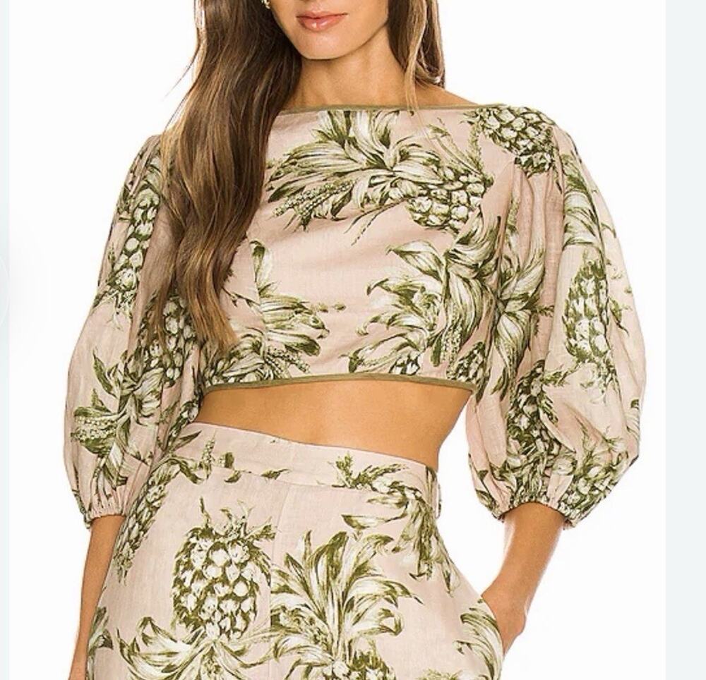 Zimmermann Size 0 Empire Bodice Top Crop Puff Sleeves Linen Pink Summer
